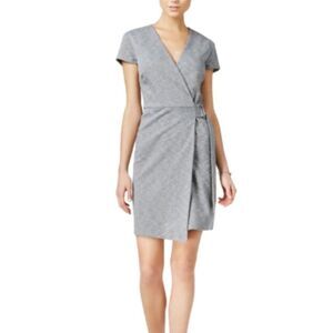 Bar III Grey Short Sleeve V-Neck Faux-Wrap Sheath Dress